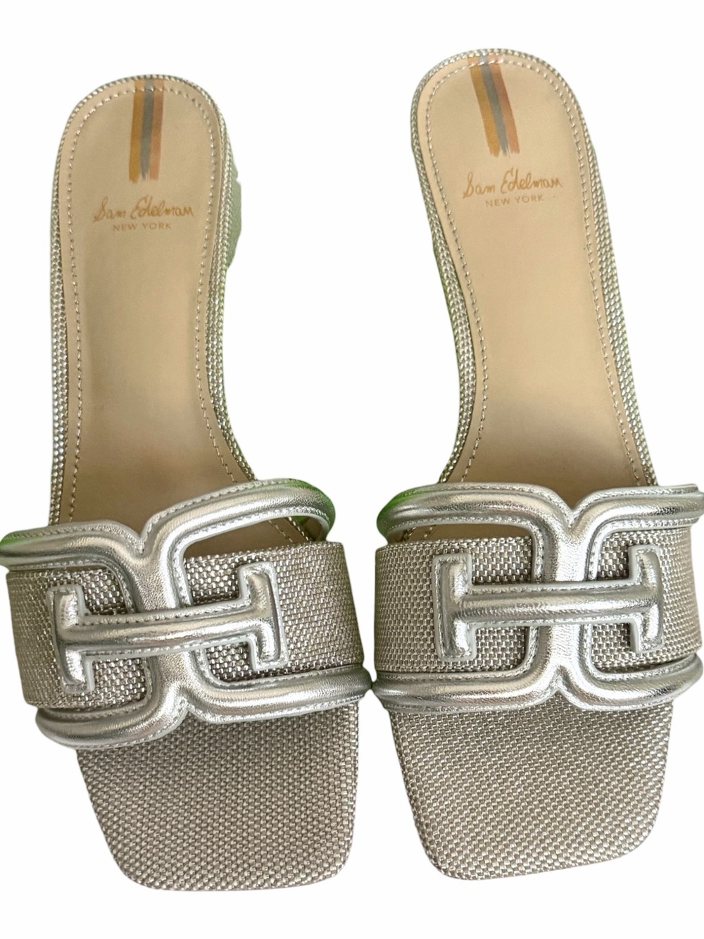 Sam Edelman Waylon Silver Slide Sandals Block Heel Size 7.5 NIB